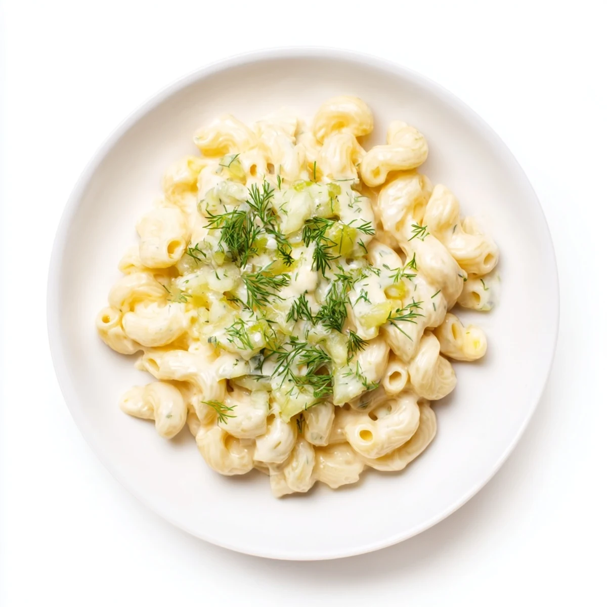 A warm, bubbly dish of Pickle Mac and Cheese, topped with golden, toasted breadcrumbs.