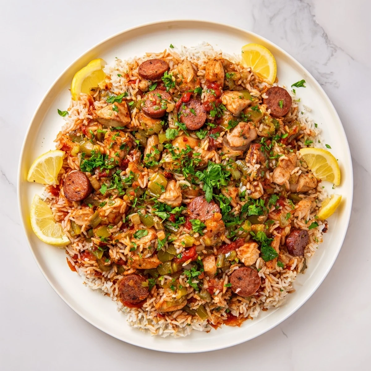 Warm, appetizing Simple Chicken and Sausage Jambalaya Bake – a hearty, satisfying American comfort food.