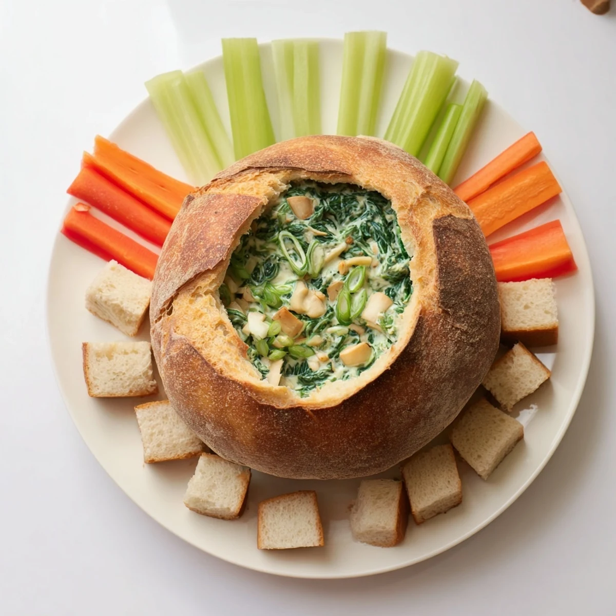 Crusty bread bowl filled with The Best Spinach Dip Ever, encircled by colorful dipping vegetables.