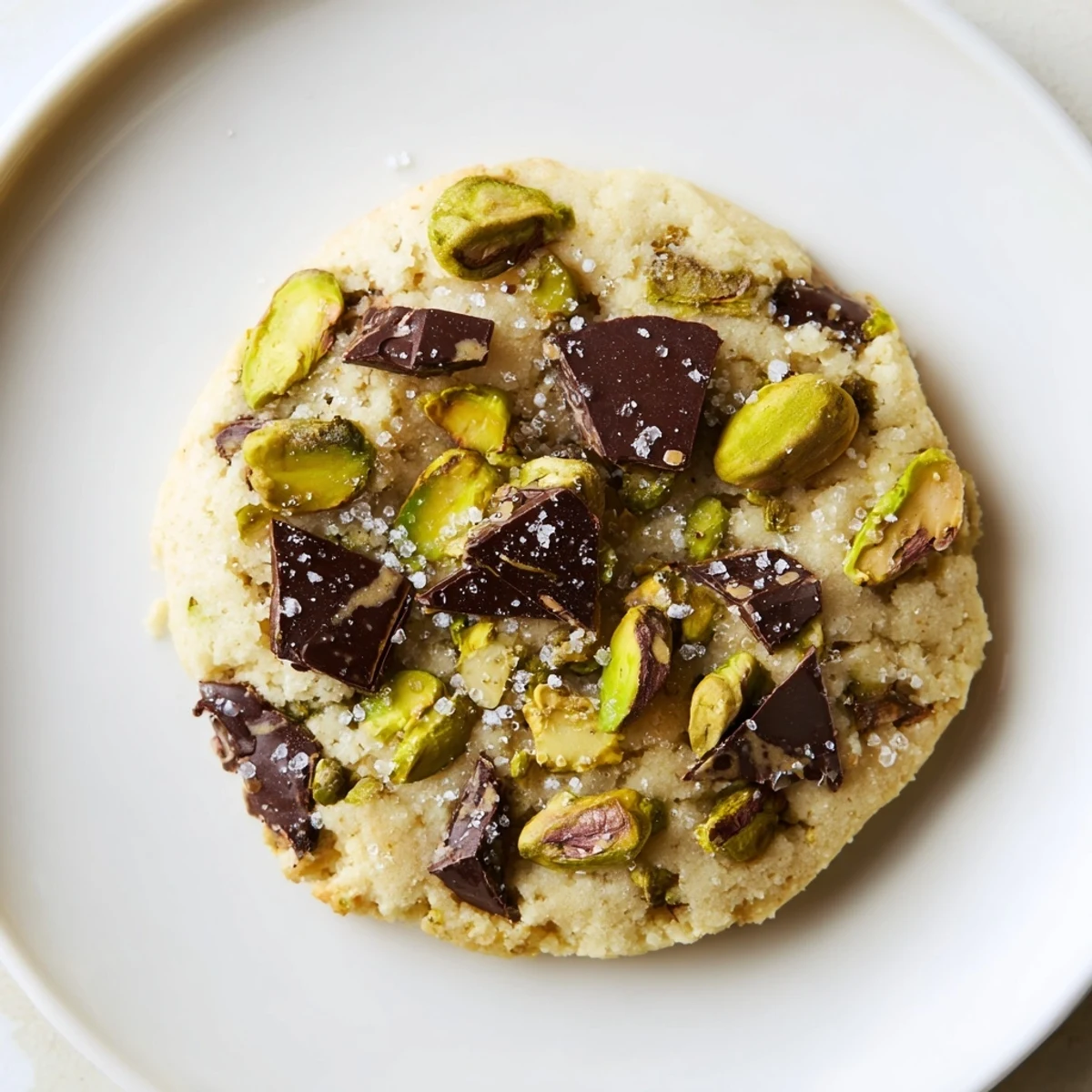 Salted Pistachio Chocolate Chunk Shortbread cookies, golden brown and buttery, sprinkled with sea salt, ready to enjoy.