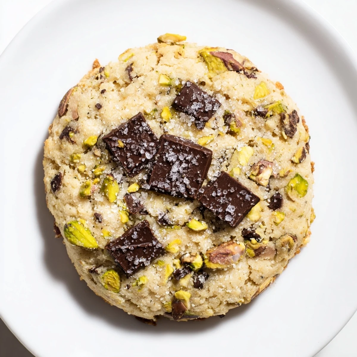 Close up: freshly baked Salted Pistachio Chocolate Chunk Shortbread, showing dark chocolate chunks and pistachios.