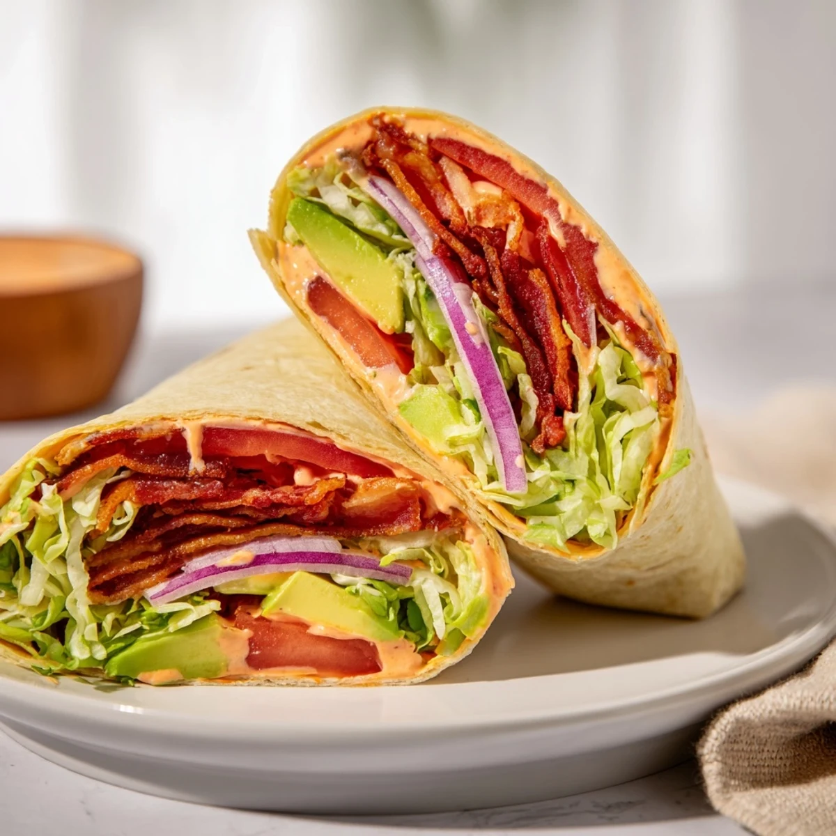 Zesty BLT Wraps with chipotle mayo showcase crispy bacon and fresh veggies, ready to roll.