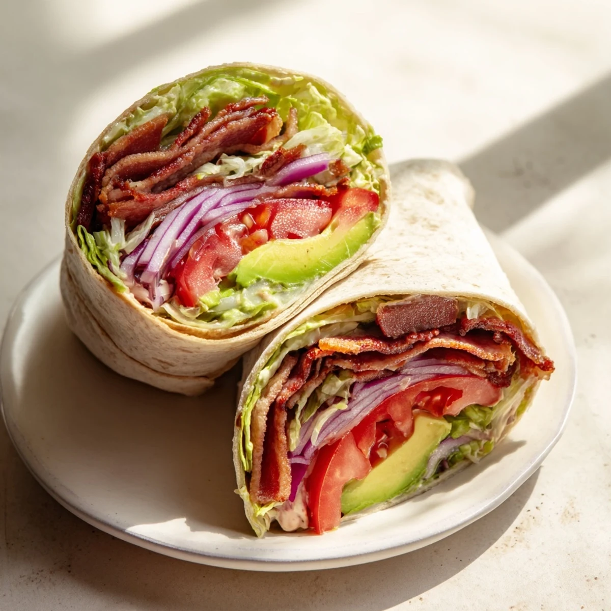 Enjoy a satisfying Zesty BLT Wrap, featuring smoky bacon and a flavorful chipotle kick.