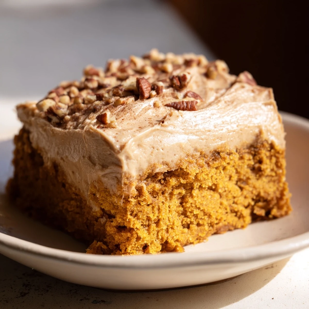 Warm, spiced pumpkin bars featuring a luscious brown sugar frosting, ready to eat.