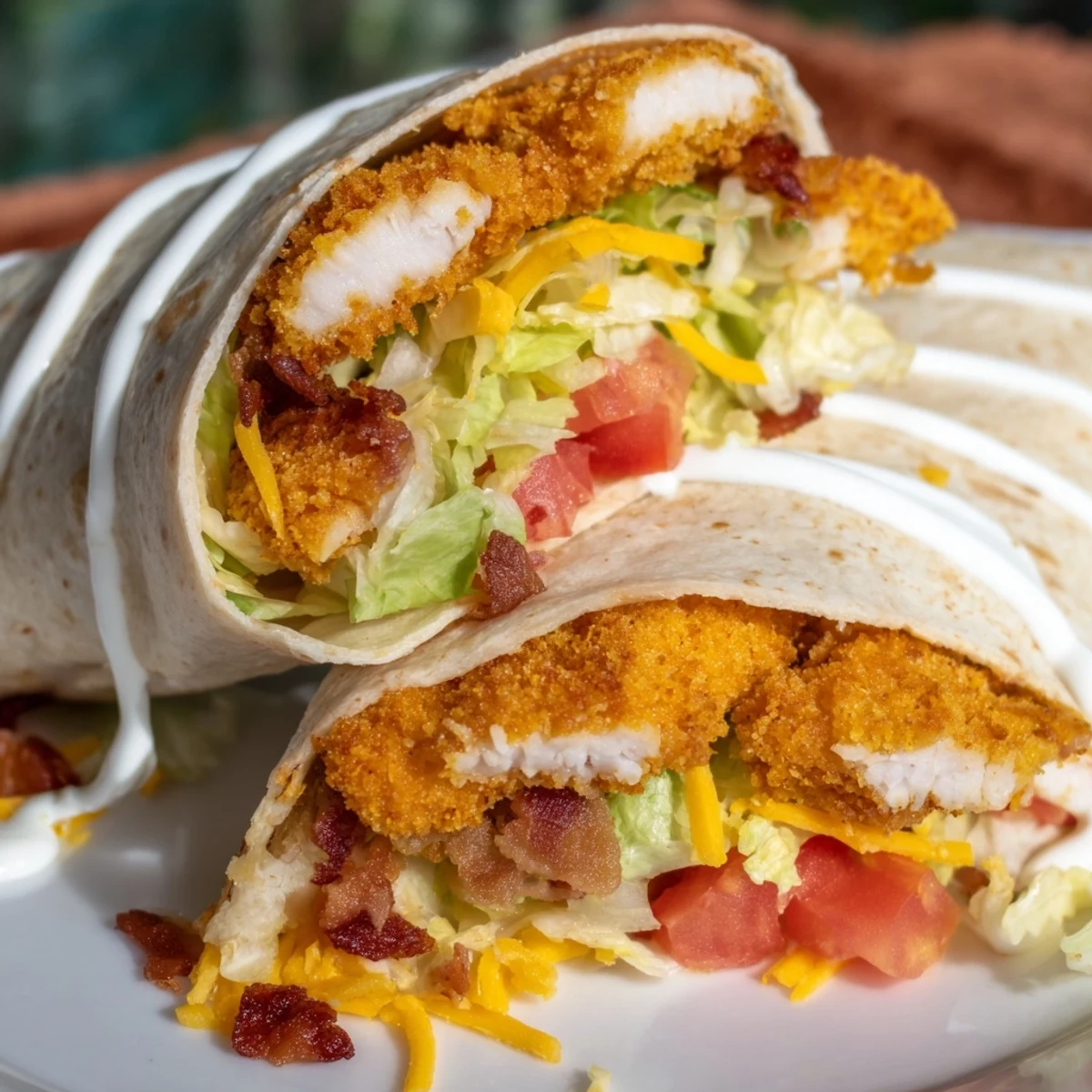 Golden-brown crispy chicken strips nestled in a bacon ranch wrap, ready to enjoy for lunch.