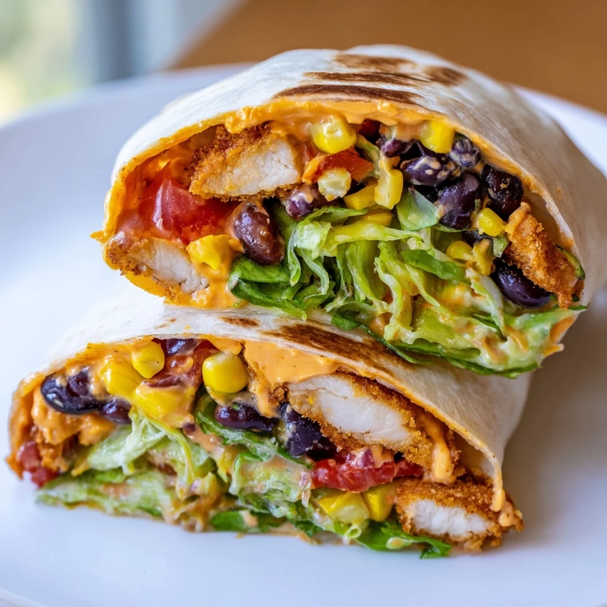 Close-up of a flavorful Southwest Chicken Wrap, showing the crispy chicken and creamy dressing within.