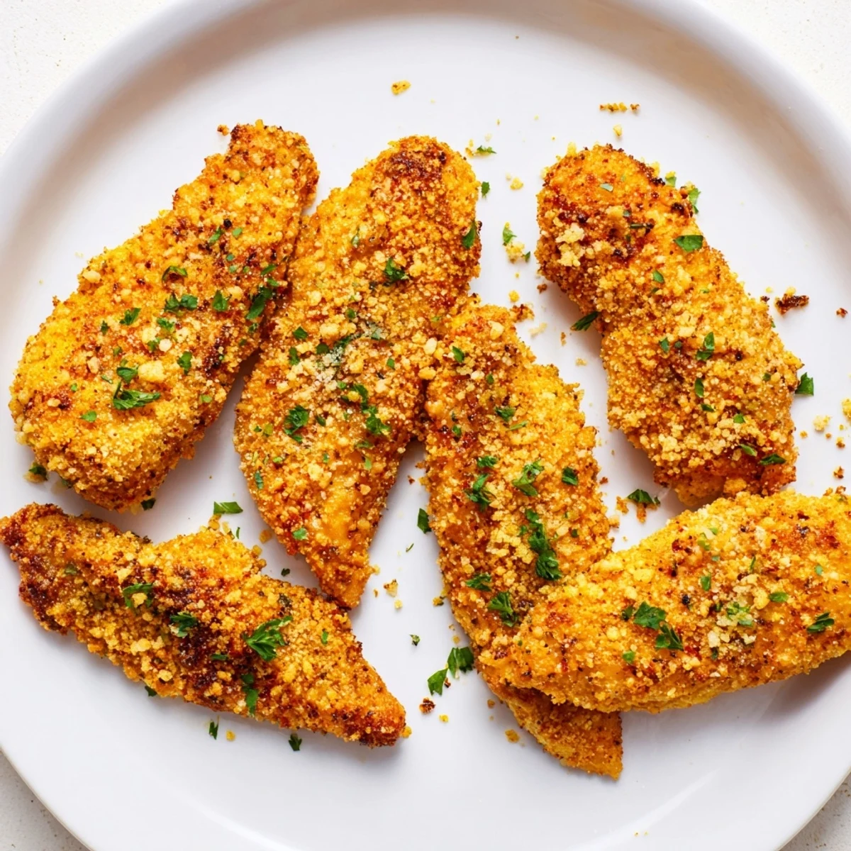 These perfectly air fried festive chicken tenders offer a delicious crunch and savory, seasoned coating.
