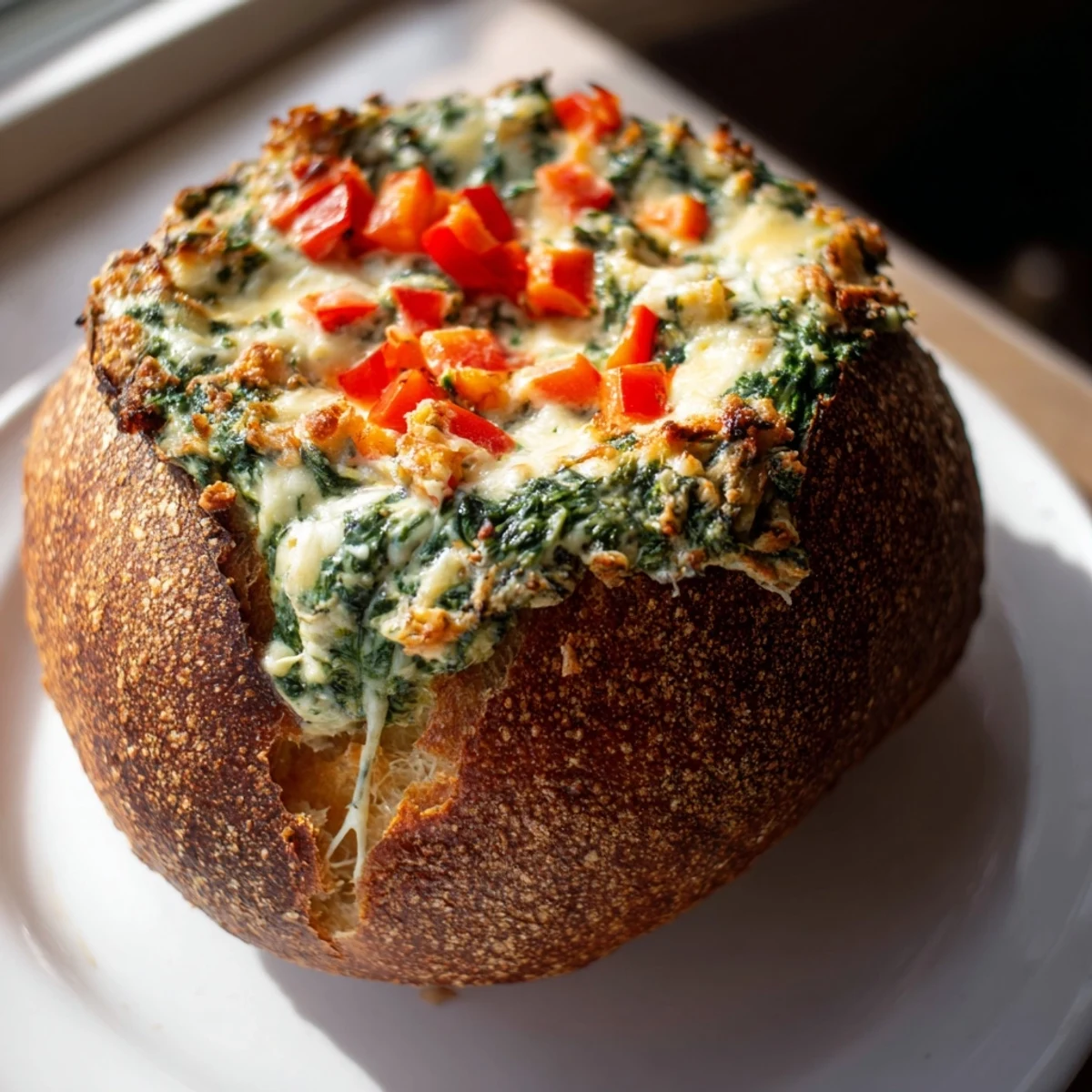 Warm, bubbly Express Holiday Spinach Dip in a sourdough bread bowl, ready for dipping.