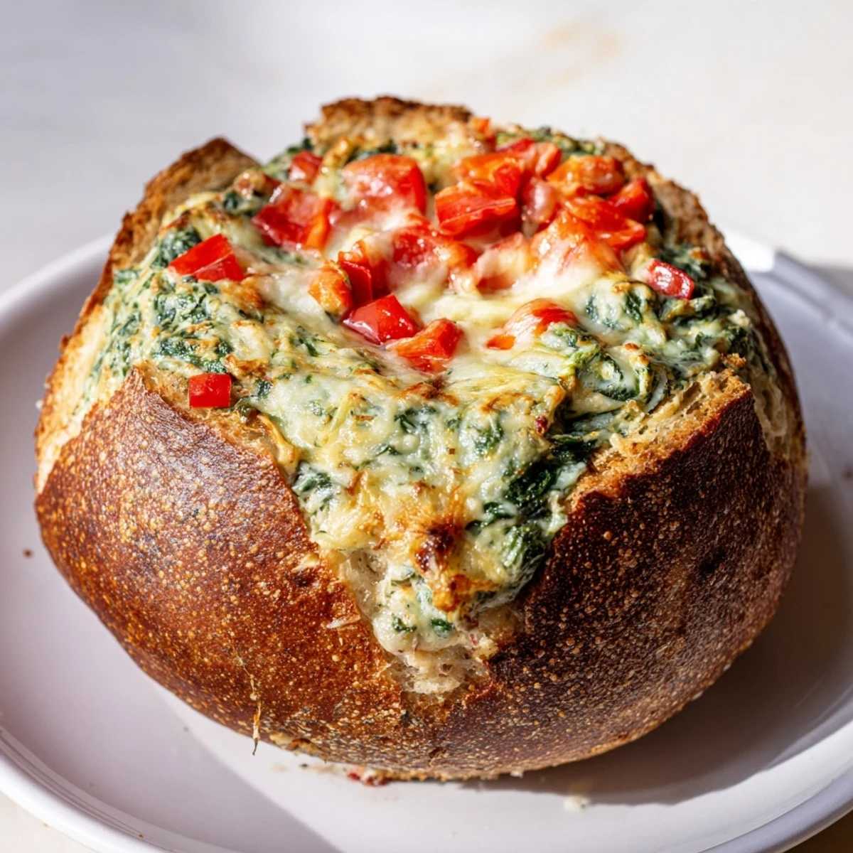 A close-up of a creamy Express Holiday Spinach Dip, served in a crusty bread bowl, with red bell pepper.