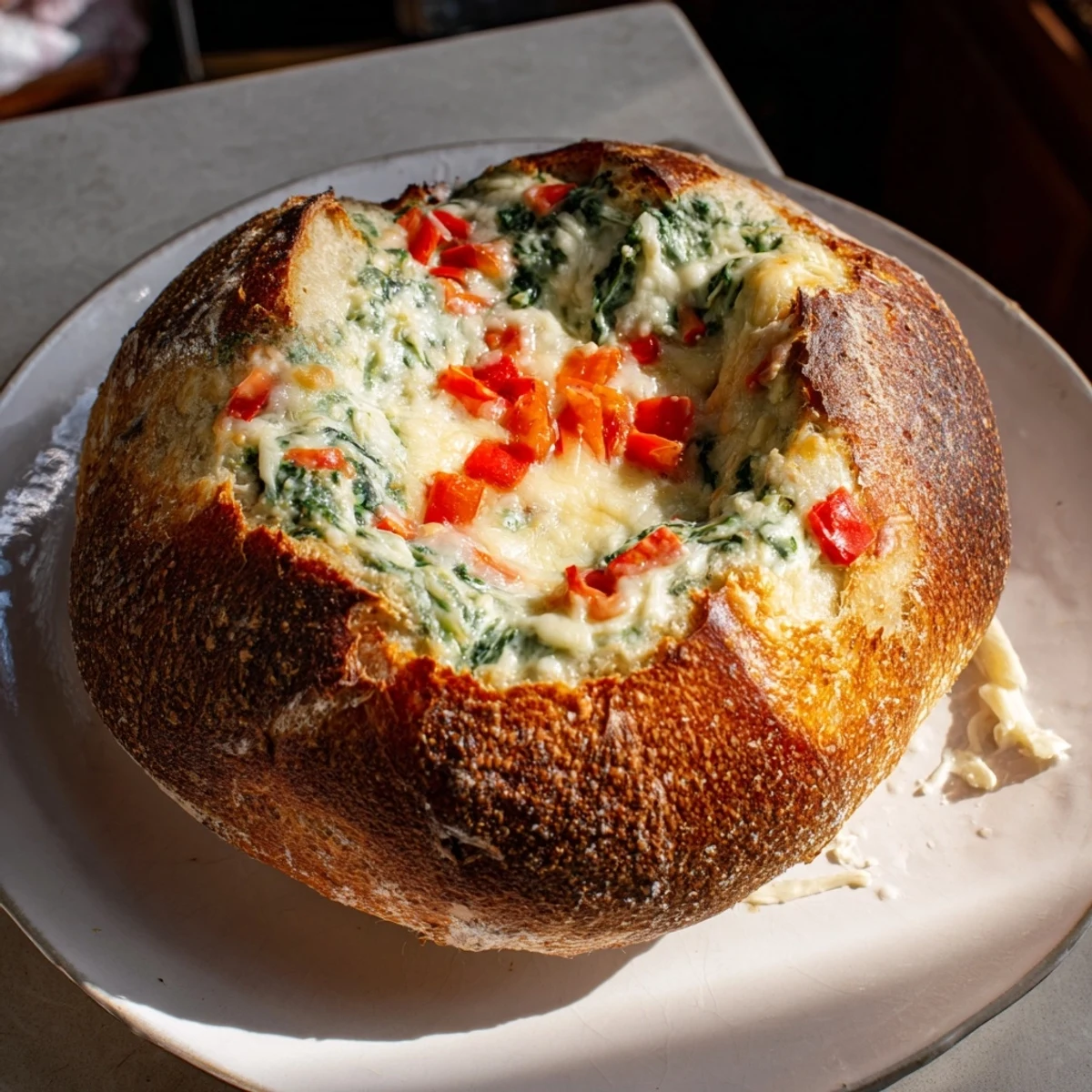 Cheesy, baked Express Holiday Spinach Dip in a bread bowl, perfect for a flavorful appetizer.
