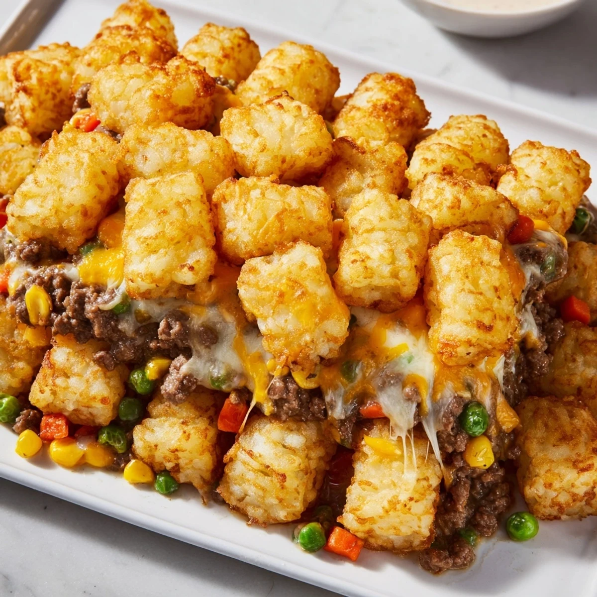 A close-up shows the hearty, cheesy layers of this delicious Quick Christmas Tater Tot Casserole.