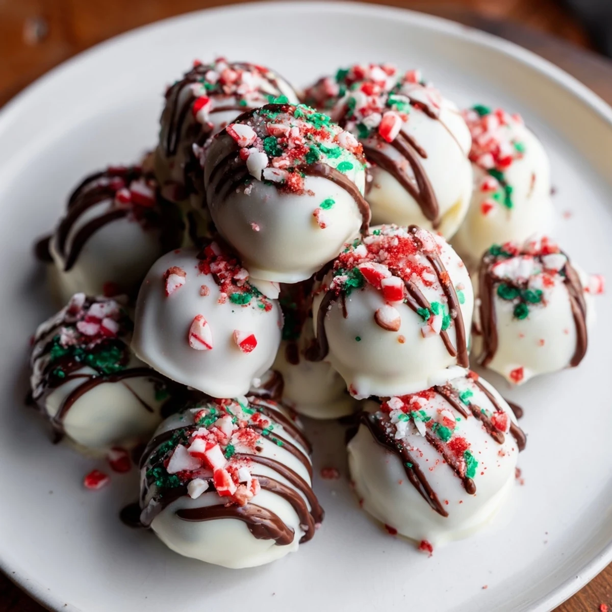 Rich, creamy Simplified Christmas Oreo Truffles, covered in white chocolate and festive sprinkles, ready to serve.