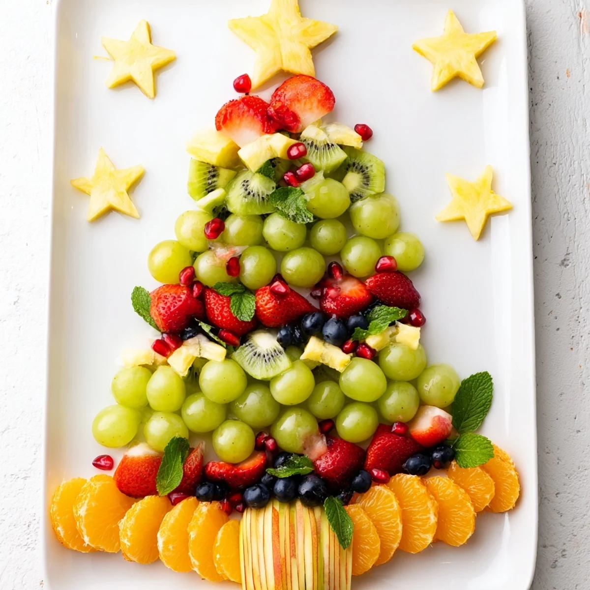 Fresh, colorful Quick Christmas Tree Fruit Platter, showcasing festive fruit and pineapple stars for a delightful dessert.