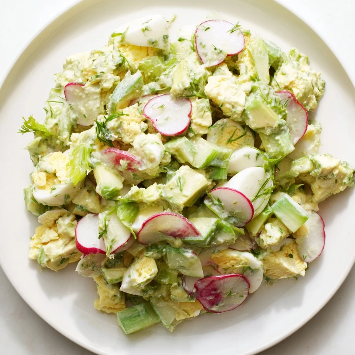 Green Goddess Chopped Egg Salad with creamy green dressing and colorful crunchy vegetables, ready to serve.