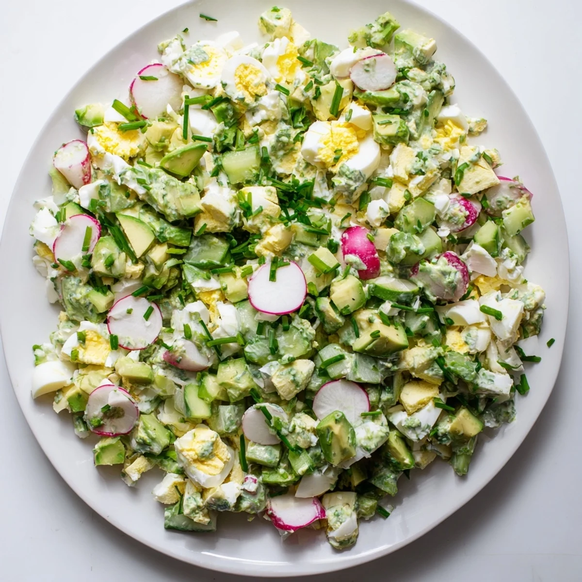 Fresh, vibrant Green Goddess Chopped Egg Salad with herbs and avocado, perfect for a light lunch.