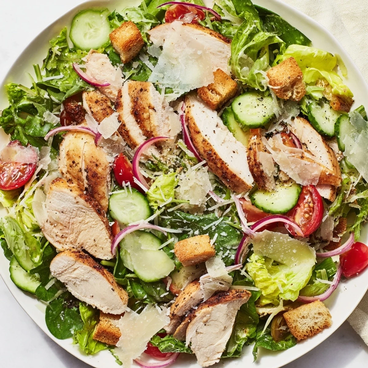 Freshly tossed Quick Crunchy Lemon Parmesan Chicken Salad, showcasing sliced chicken, croutons, and Parmesan cheese.