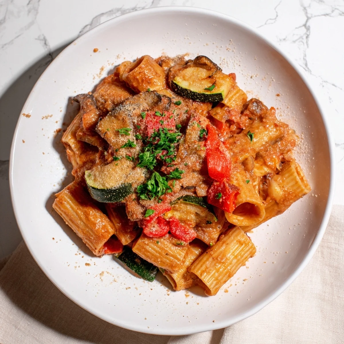 Delicious Spicy Vegan Chorizo Baked Pasta, with melted vegan cheese and roasted vegetables, waiting to be enjoyed.