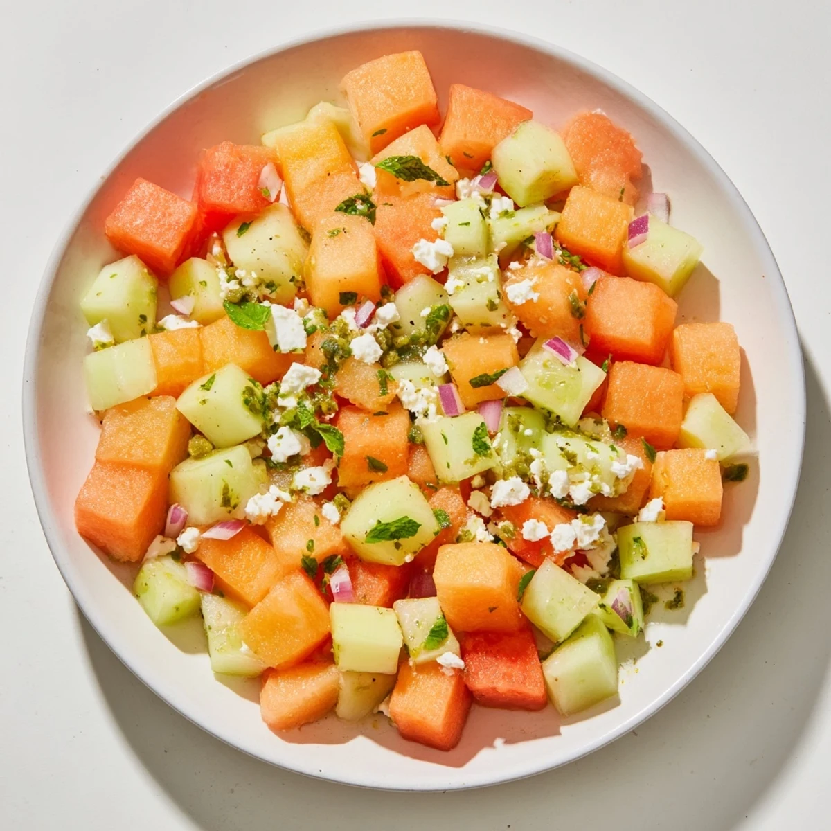 A refreshing bowl of the flavorful Cucumber and Watermelon Hot Girl Salad, ready to enjoy.