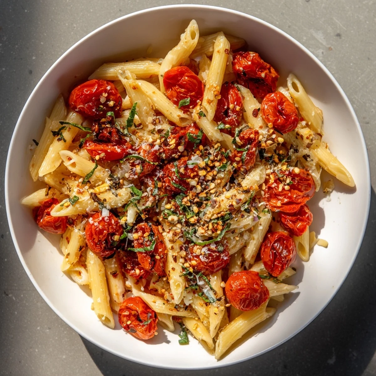 Golden baked tomatoes mingle with pasta in this Baked Tomato & Olive Oil Pasta, promising delightful Italian flavors.