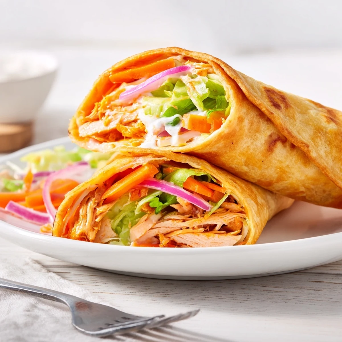 Crispy air-fried Air Fryer Buffalo Turkey Christmas Wraps featuring juicy turkey and spicy buffalo sauce.