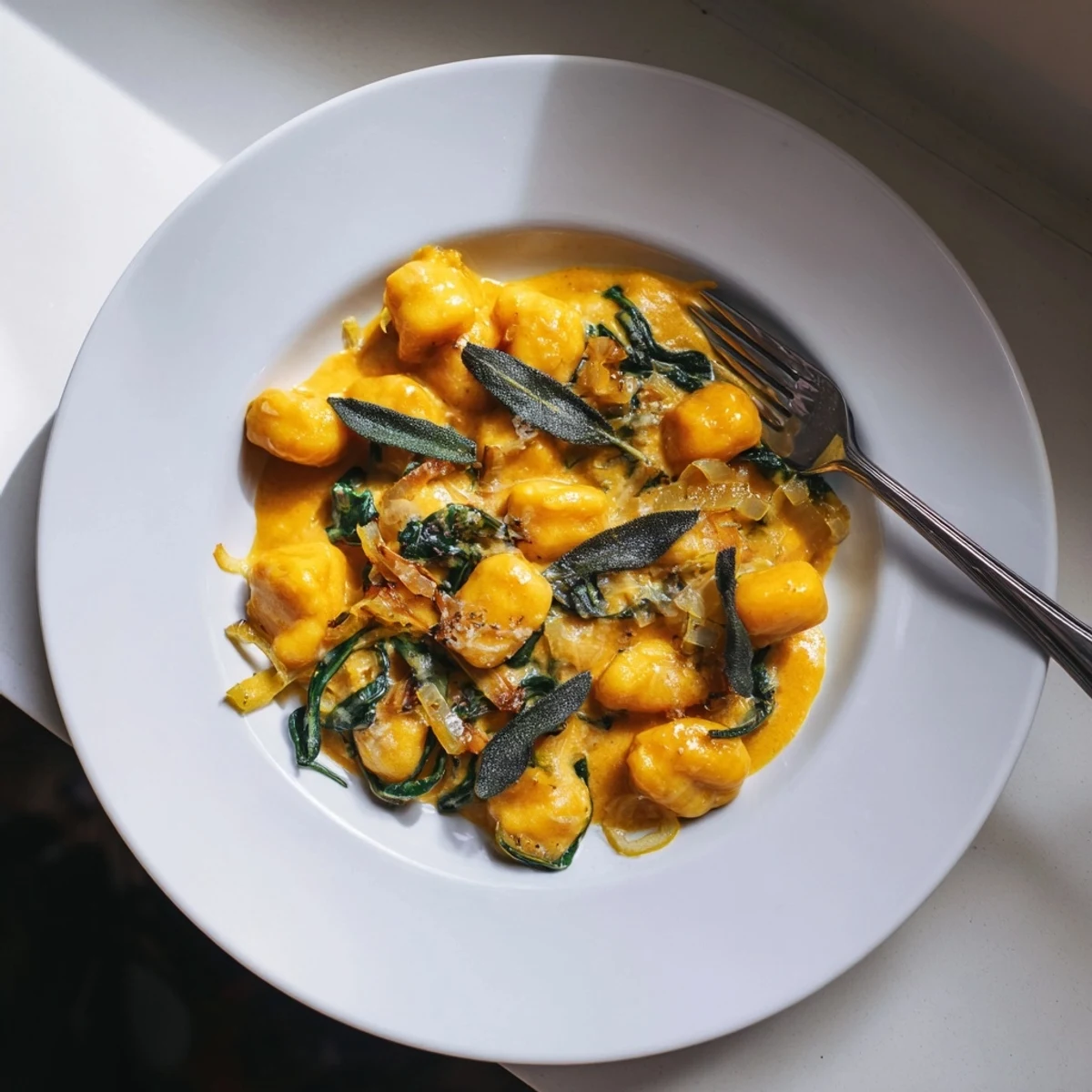 Plated One-Pot Creamy Pumpkin Sage Gnocchi pasta, featuring soft gnocchi in rich pumpkin sauce.