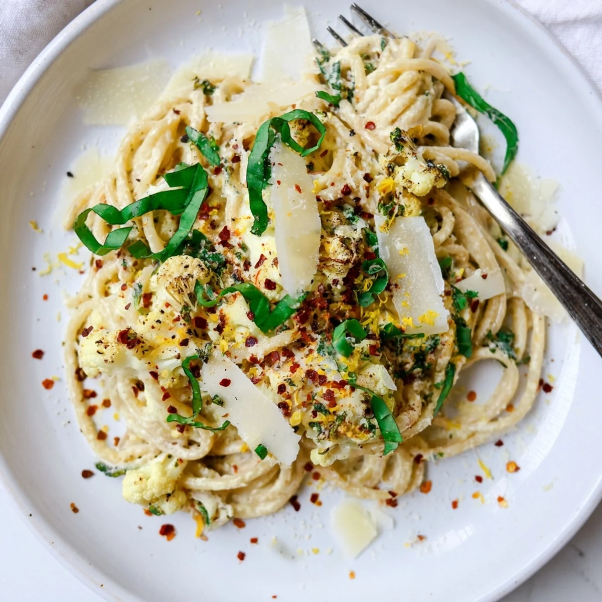 Golden creamy sauce coating the spaghetti in this Creamy Roasted Cauliflower Garlic Pasta dish, ready to eat.
