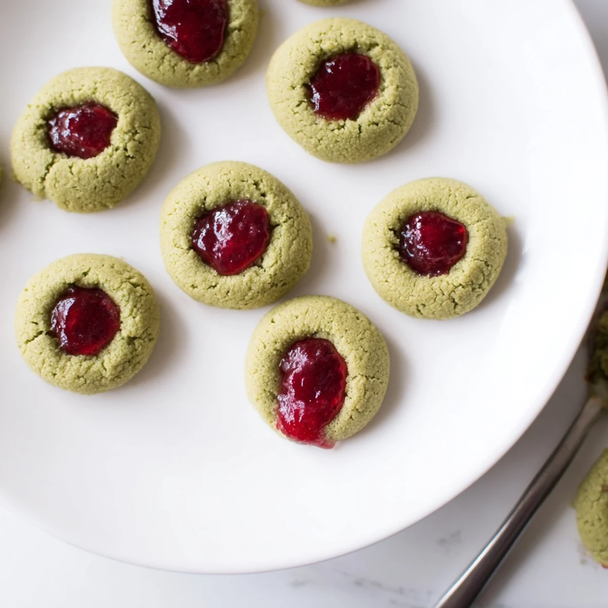 Matcha Cranberry Shortbread Thumbprint Cookies: buttery, green cookies filled with vibrant red cranberry jam.