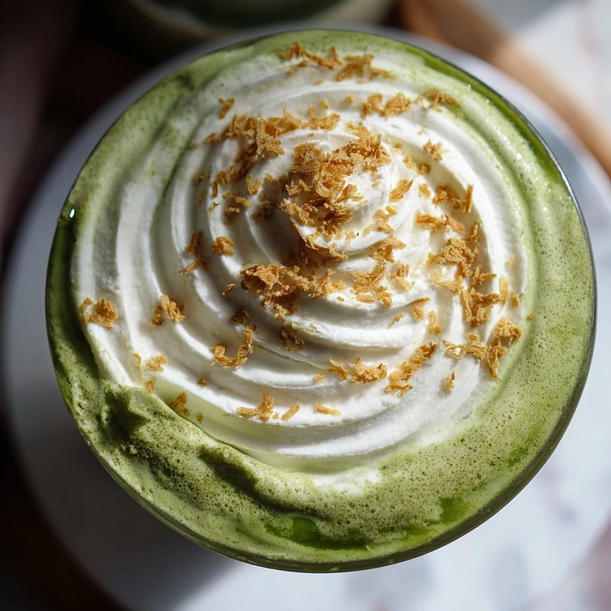 Vibrant image of Toasted Coconut Gingerbread Iced Matcha; the creamy, festive drink is perfectly refreshing.