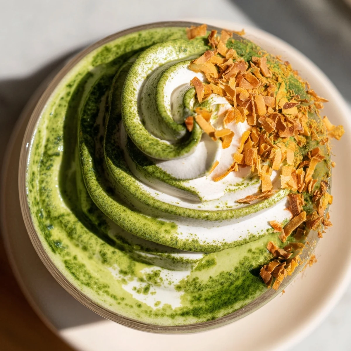 A close-up of a Toasted Coconut Gingerbread Iced Matcha, with visible swirls of green matcha and coconut.