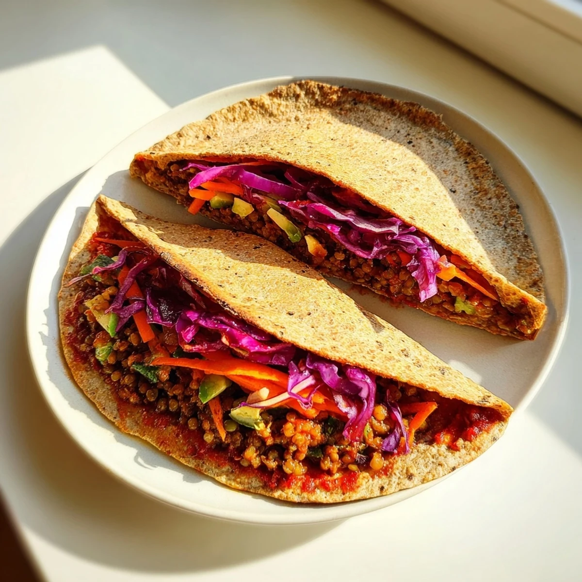 A close-up shot of the delicious BBQ Chickpea & Slaw wrap, filled with roasted chickpeas.