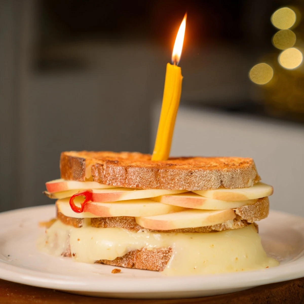 Golden-brown sourdough cradles oozing Brie, apple, and honey in our Christmas Candle Grilled Cheese sandwich.