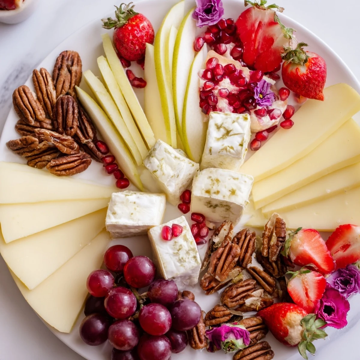 This Rose Garden Romantic Platter features creamy brie, strawberries, and colorful edible flowers, ready to be enjoyed.