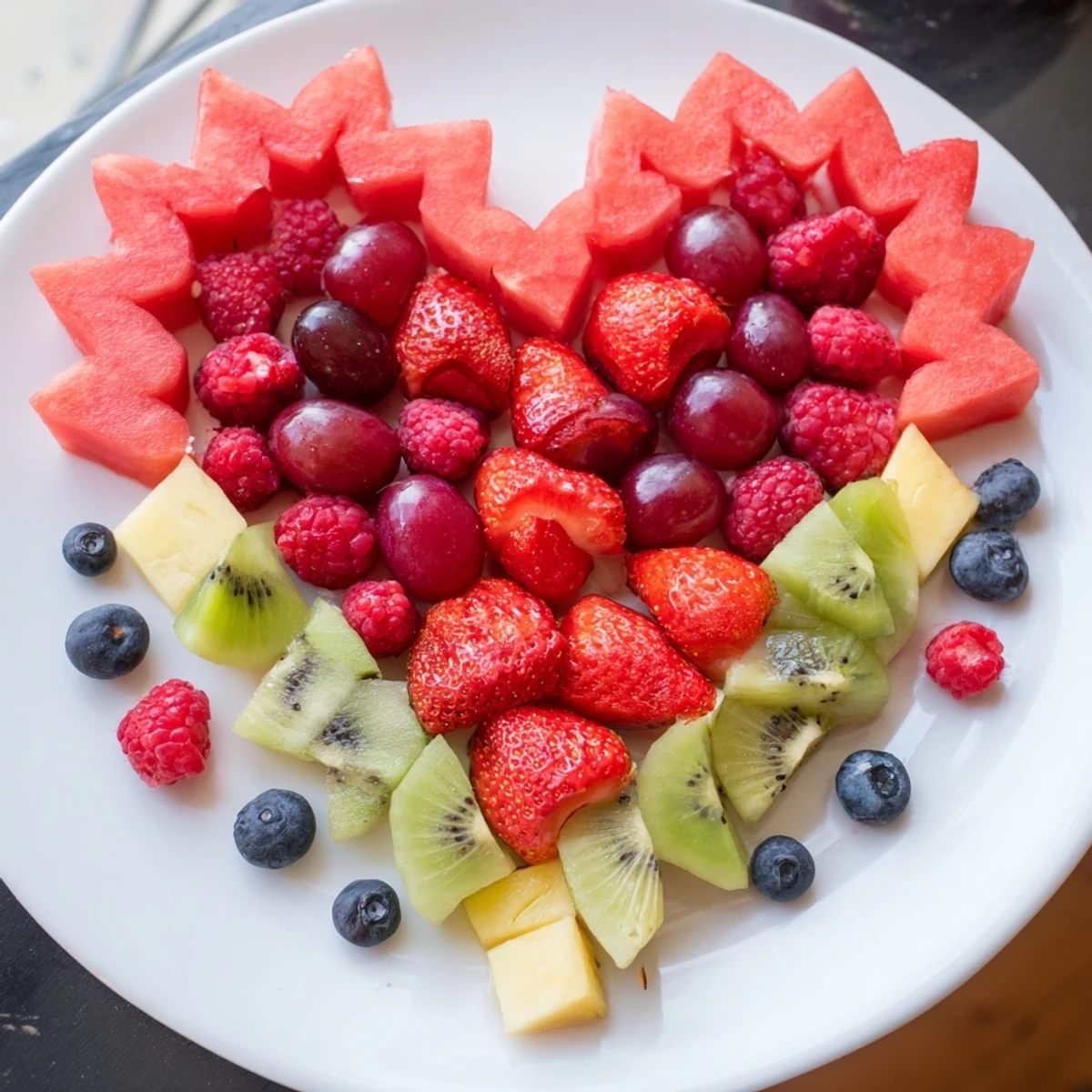 Vibrant Sweetheart Fruit Board, a romantic arrangement of fresh, colorful fruits ready to enjoy.