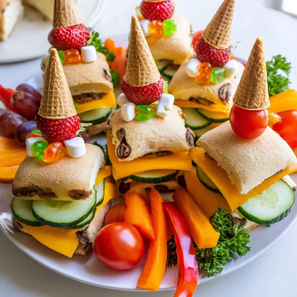 An appetizing Fairy Tale Castle Platter featuring savory sandwiches and adorable sweet treats.