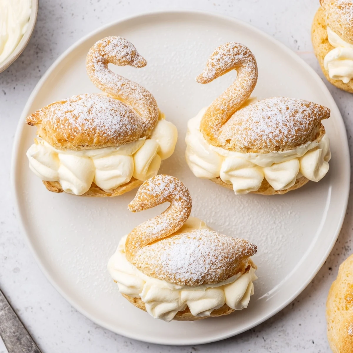 A visually stunning arrangement of Feathered Friend Swan Pastry Platter swans, dusted with powdered sugar, awaiting enjoyment.