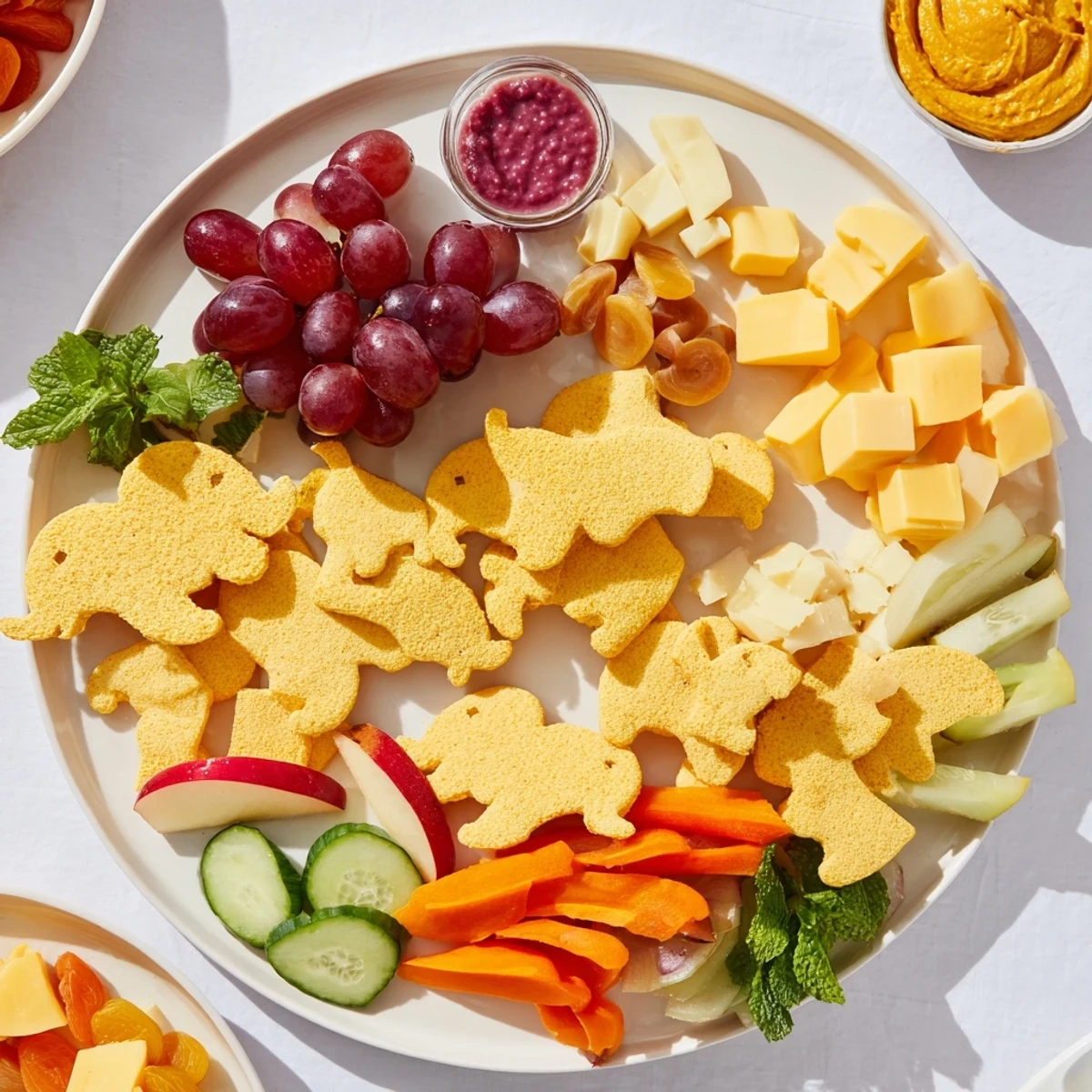 A colorful, appetizing Gentle Giant Elephant Cracker Board brimming with cheese, fruit, and dips for snacking.