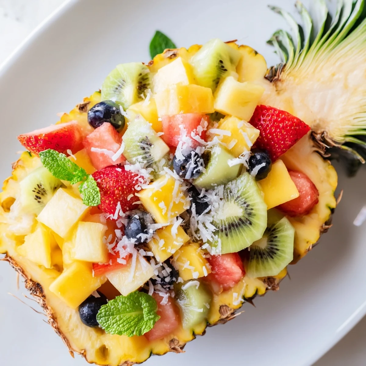 Vibrant Tropical Bliss Pineapple Fruit Boat overflowing with colorful fruit, perfect for a summer treat.