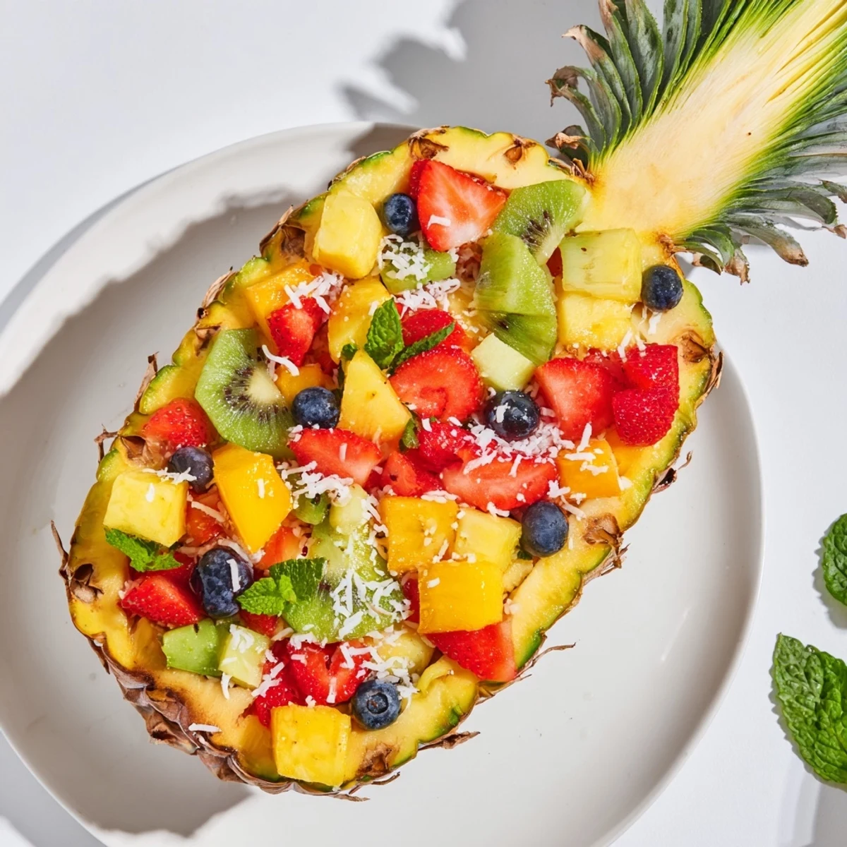 Sweet, juicy Tropical Bliss Pineapple Fruit Boat filled with refreshing mango, and berries; a vegan delight.