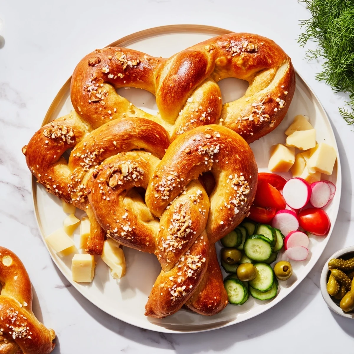 Freshly baked Bretzel Arbre de Vie arranged as a tree, loaded with cheese, meats, and fresh veggies.