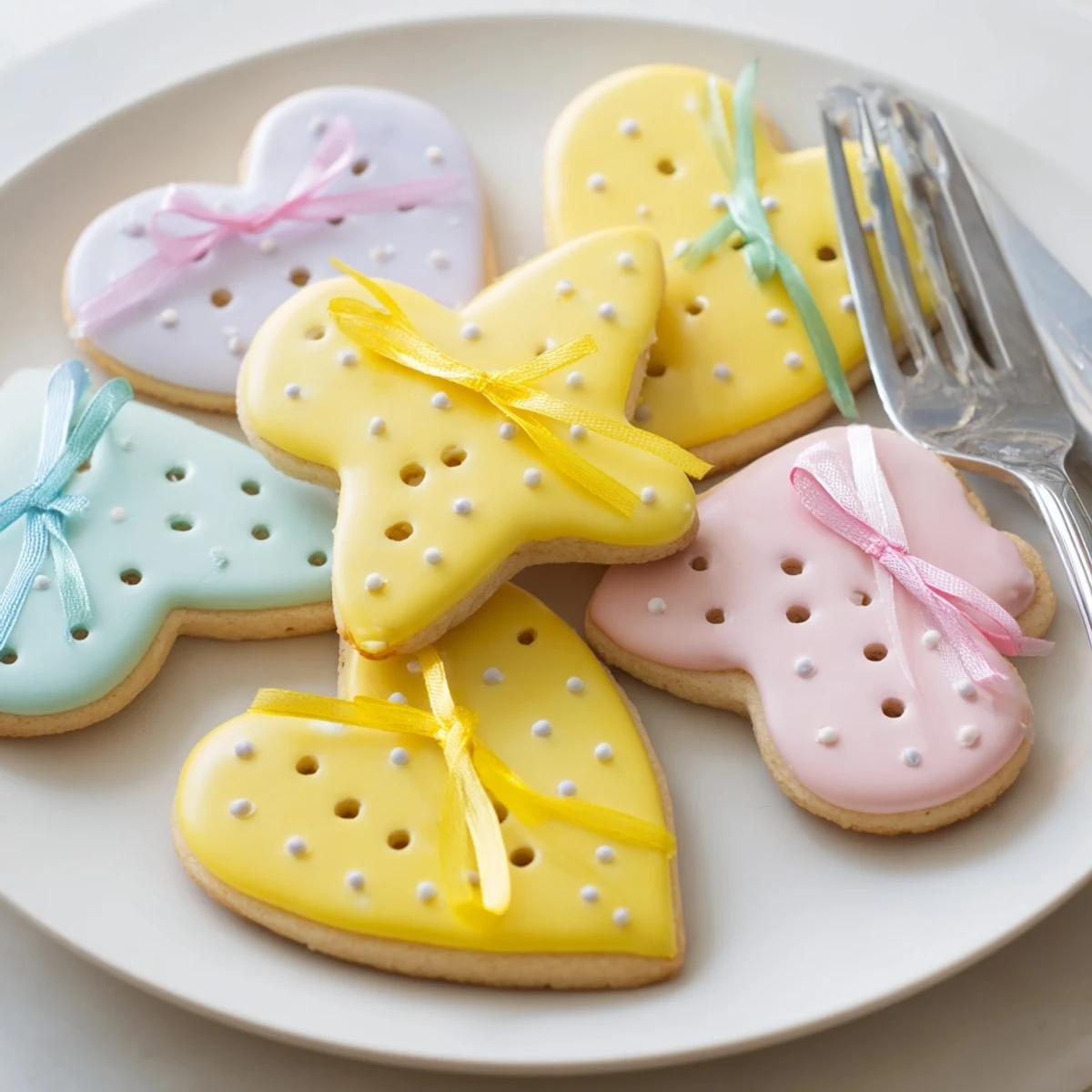 Close-up of buttery Mignonneries Coeurs et Étoiles Rubans cookies; a festive delight tied with pretty ribbons.