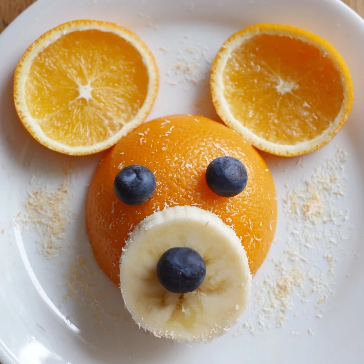 A close-up of a smiling Orange Slice Bear Face Fruit Board, ready for a kid's healthy brunch.
