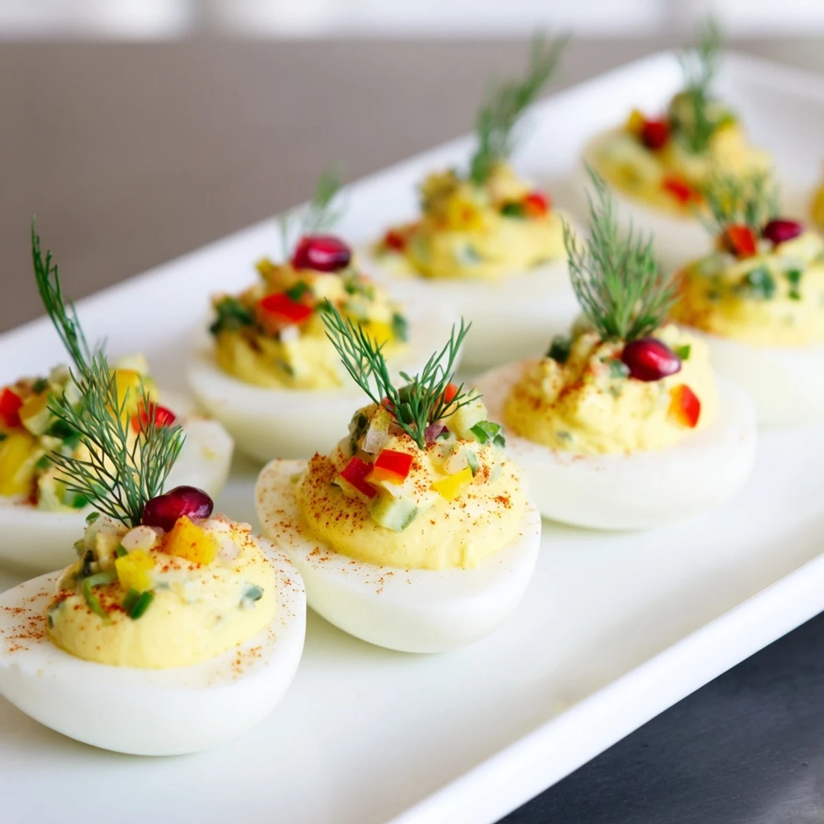 Festive Christmas Tree Deviled Eggs, creamy filling topped with colorful bell peppers; a holiday appetizer.