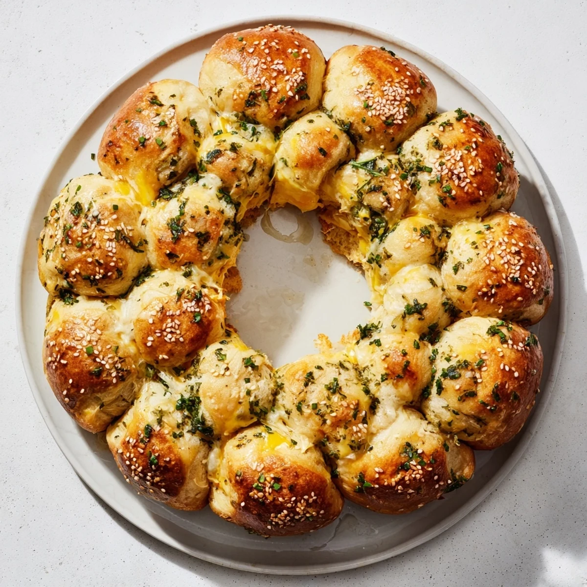 Golden-brown Festive Pull-Apart Bread Wreath, adorned with herbs and seeds, is perfect for sharing.