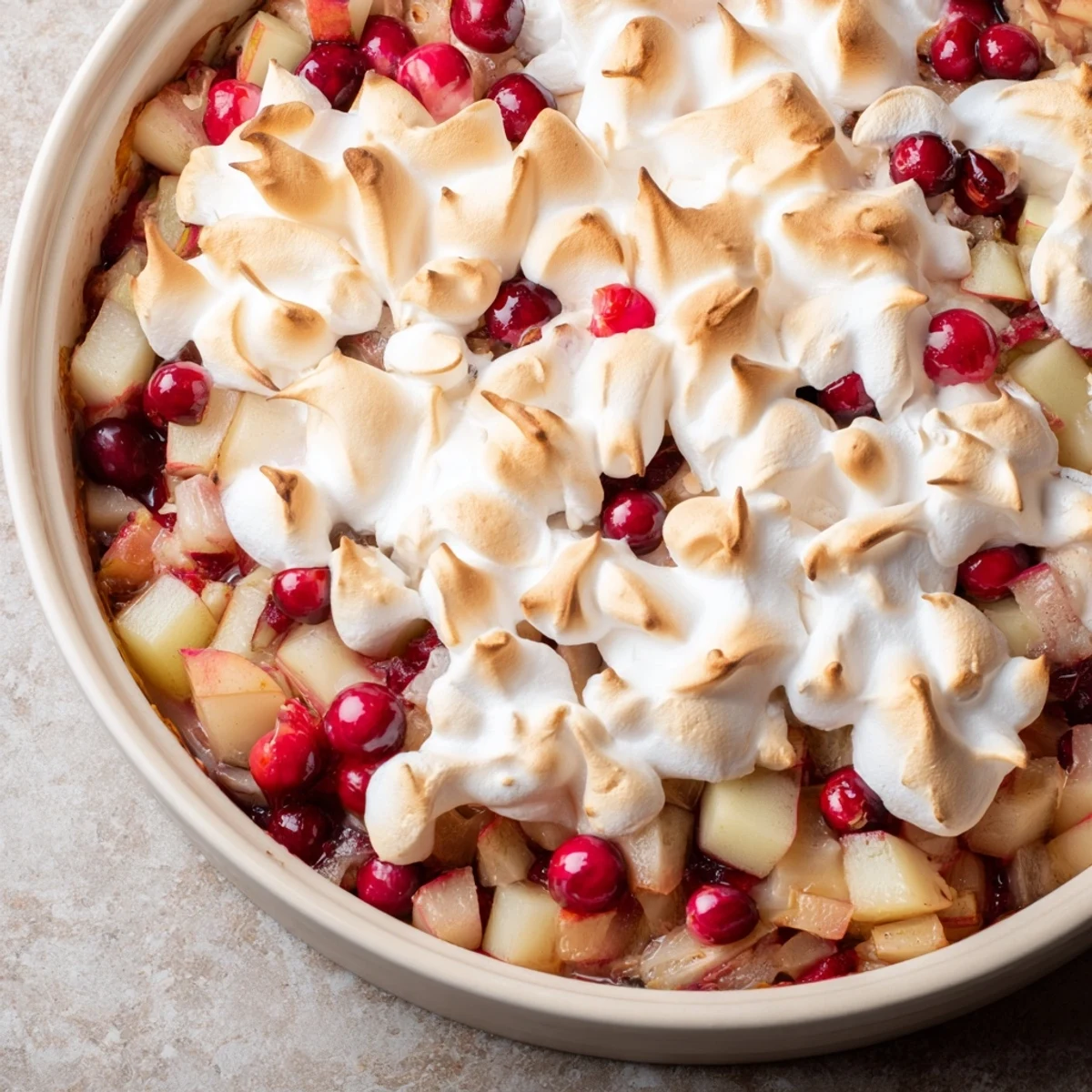 Fluffy meringue tops the baked Cranberry and Pear Snowscape, a warming winter dessert with sweet pears.
