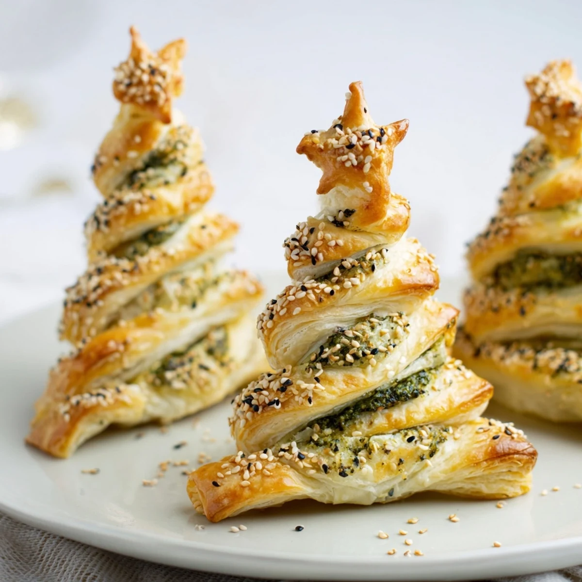 Golden-brown puff pastry Christmas tree appetizer, baked to flaky perfection with sesame seeds.