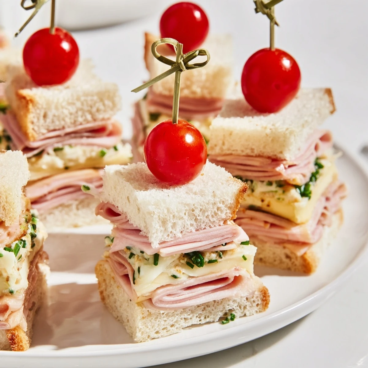 Homemade Mini Sandwiches: Ham and Cheese Christmas Tree towers, ready to eat with a sprig of fresh herbs.