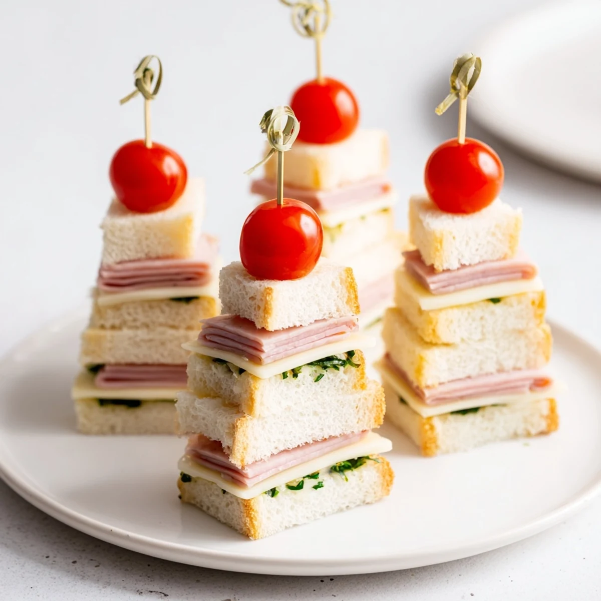 Deliciously cheesy Ham and Cheese Mini Sandwiches, cut into holiday Christmas tree shapes, ready to serve and enjoy.