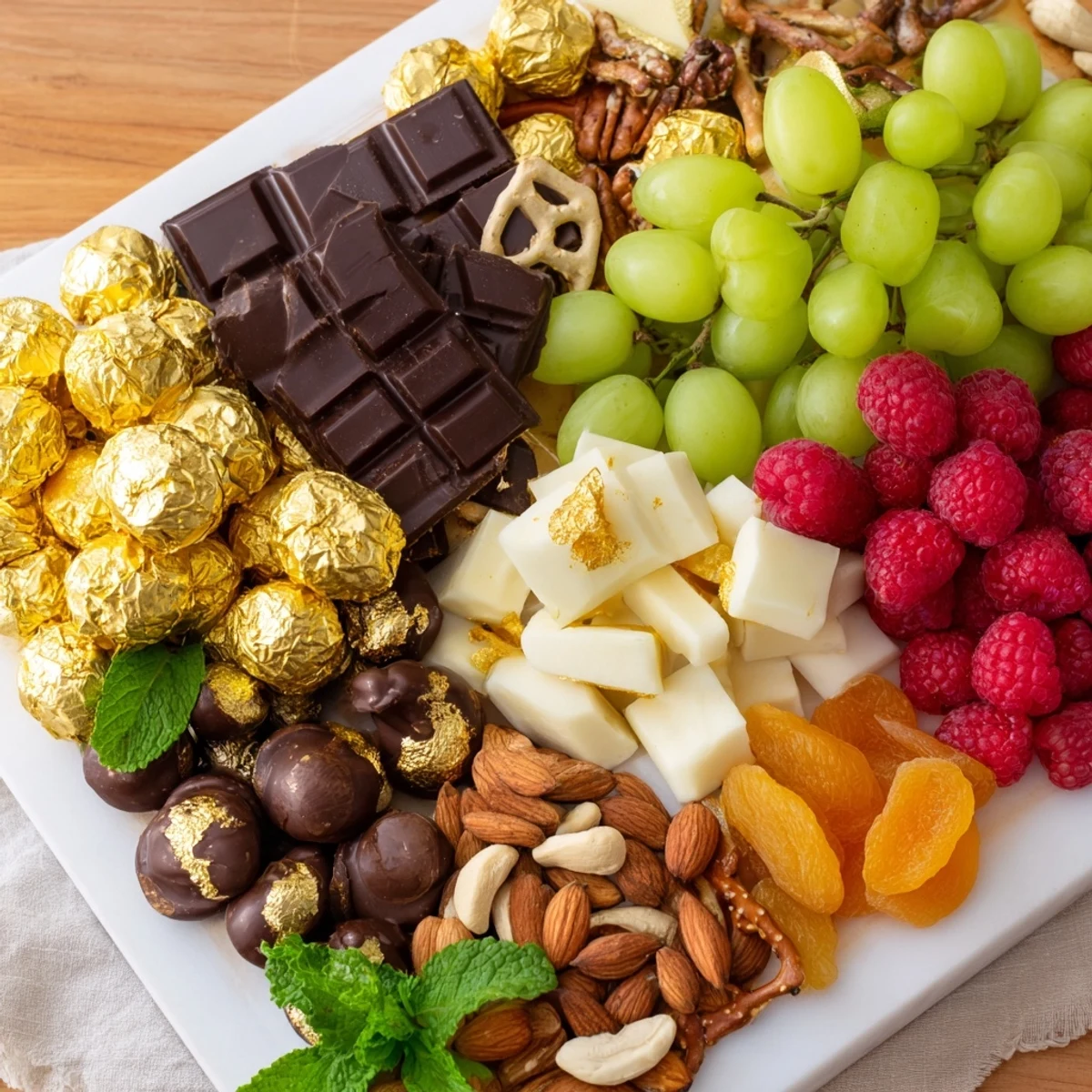 New Year’s Gold Foil Wrapped Chocolate Board: a festive dessert board filled with glistening, golden treats.