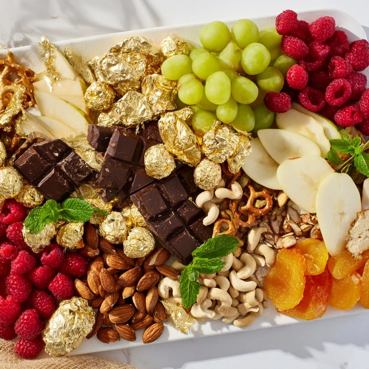 This elegant New Year's Gold Foil Wrapped Chocolate Board offers a vivid array of chocolates and fresh fruit.