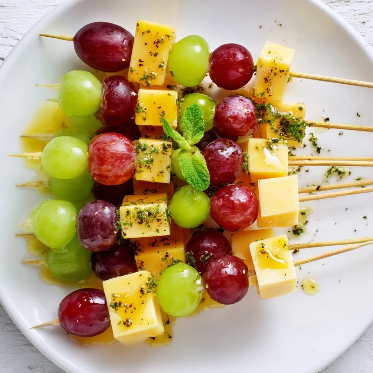 Close-up of Sparkling Grape and Cheese Skewers, glistening with honey and celebrating flavors.